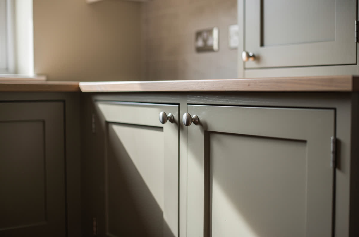 Shaker cabinet doors with recessed flat center panels, painted soft greige