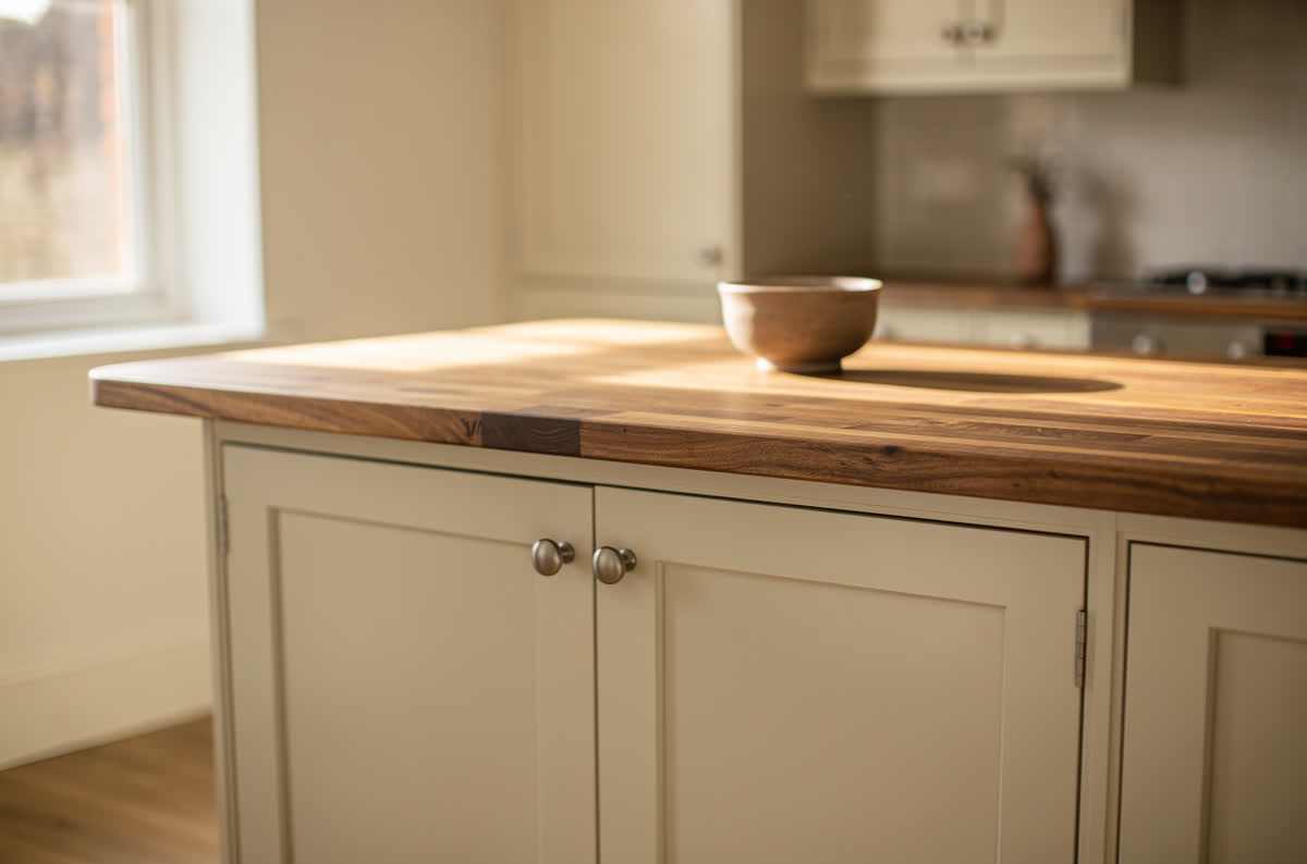 Kitchen island topped with thick butcher block wood above cream base cabinets