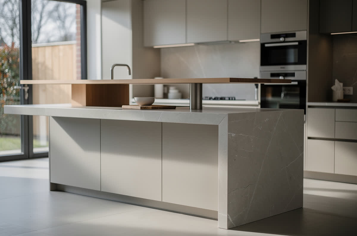 Two-level kitchen island with a lower prep counter and a raised bar counter behind