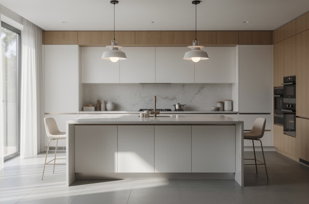 Kitchen with a large central island and two pendant lights hanging above it