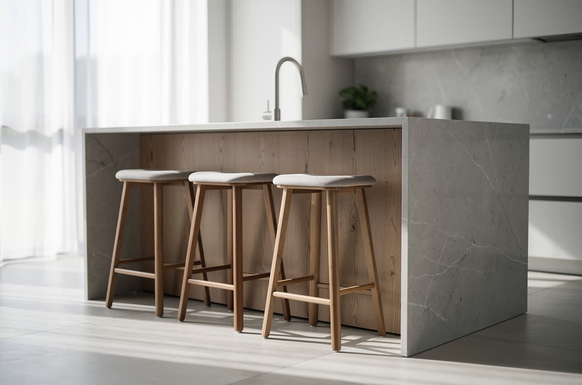Kitchen island with an overhanging counter and three bar stools tucked underneath