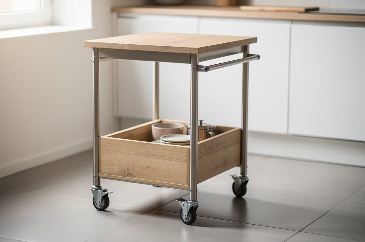 Compact rolling kitchen cart on castors with a wooden top and an open shelf below