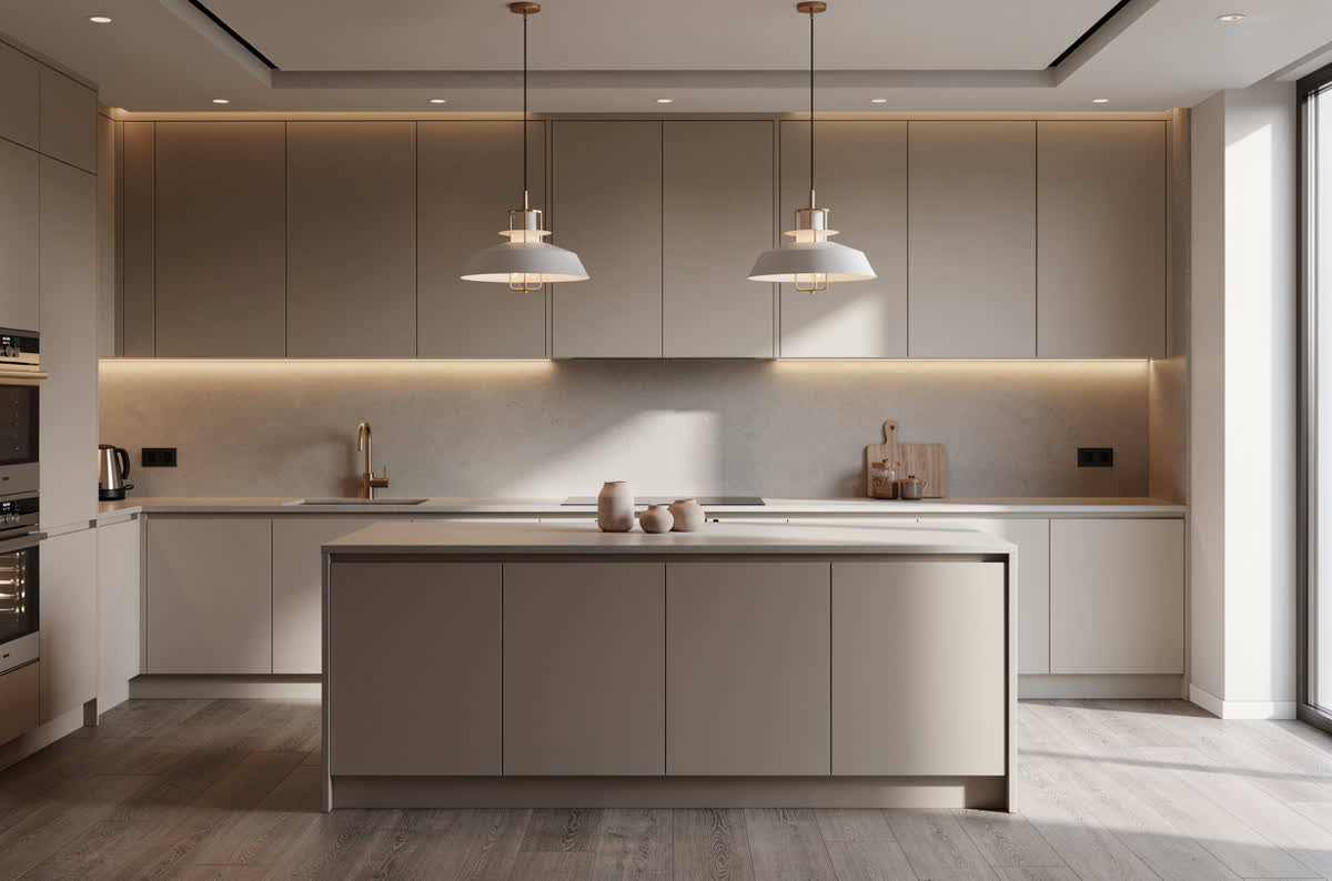 Kitchen lit in layers, with strips glowing under the wall cabinets, recessed ceiling lights and pendants above the island
