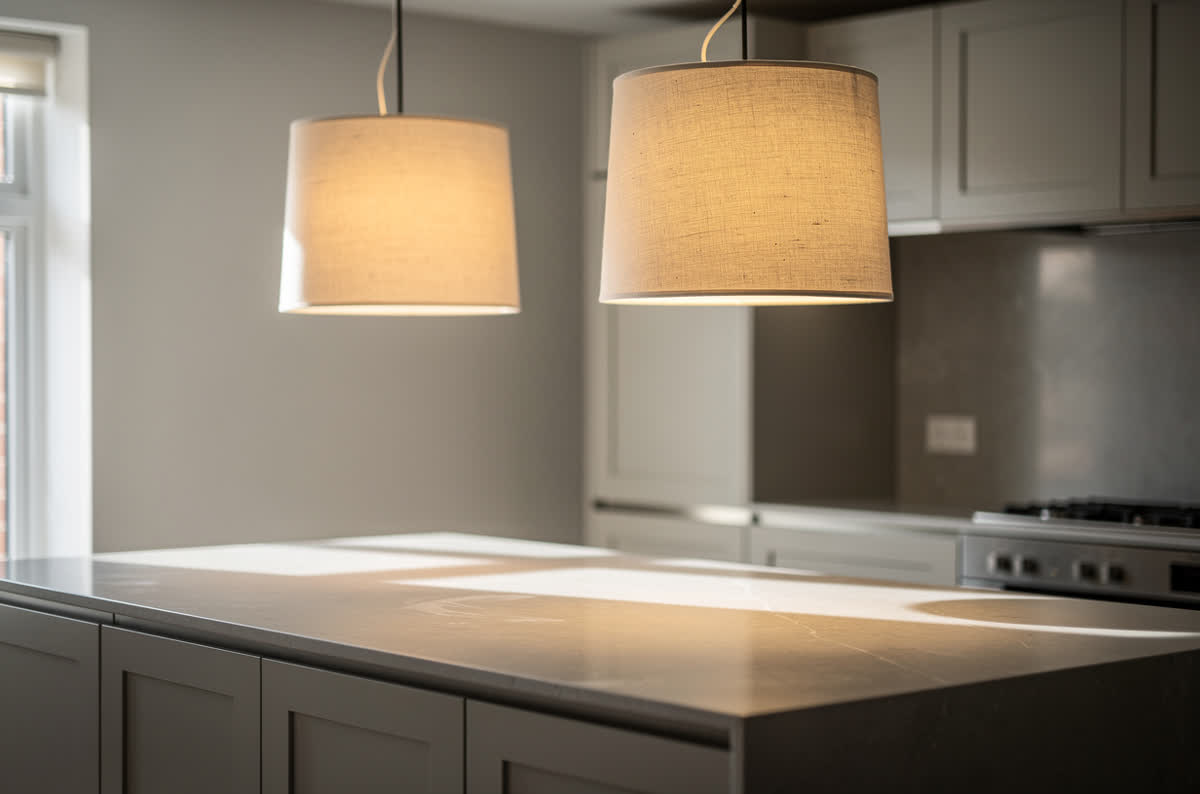 Two fabric drum shade pendants casting a soft diffused glow onto a kitchen island