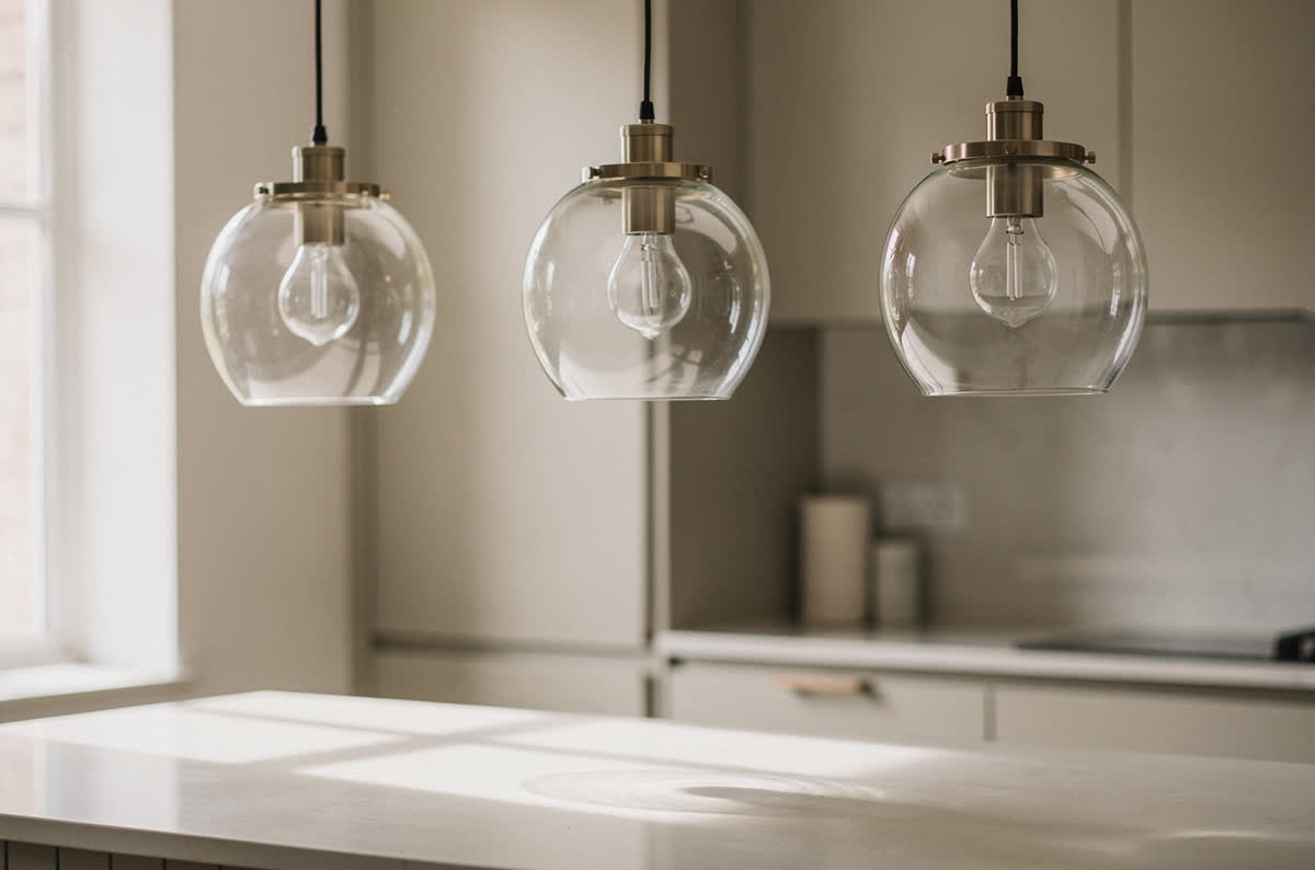 Three clear glass globe pendant lights hanging in a row above a pale kitchen island