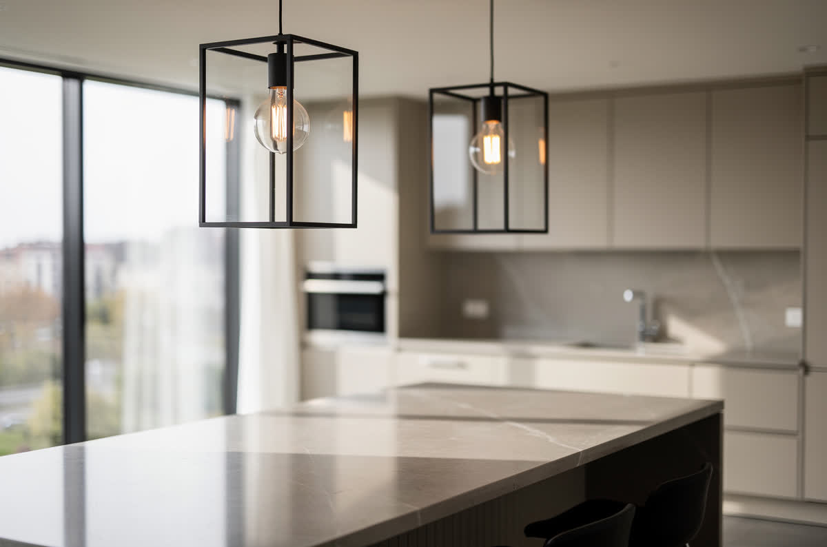 Two enclosed lantern pendants with clear glass panels in slim black frames