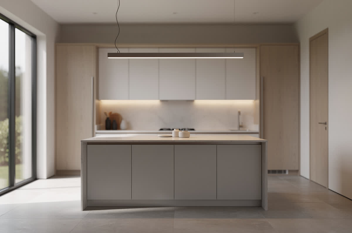 One long slim linear bar pendant suspended above a rectangular kitchen island