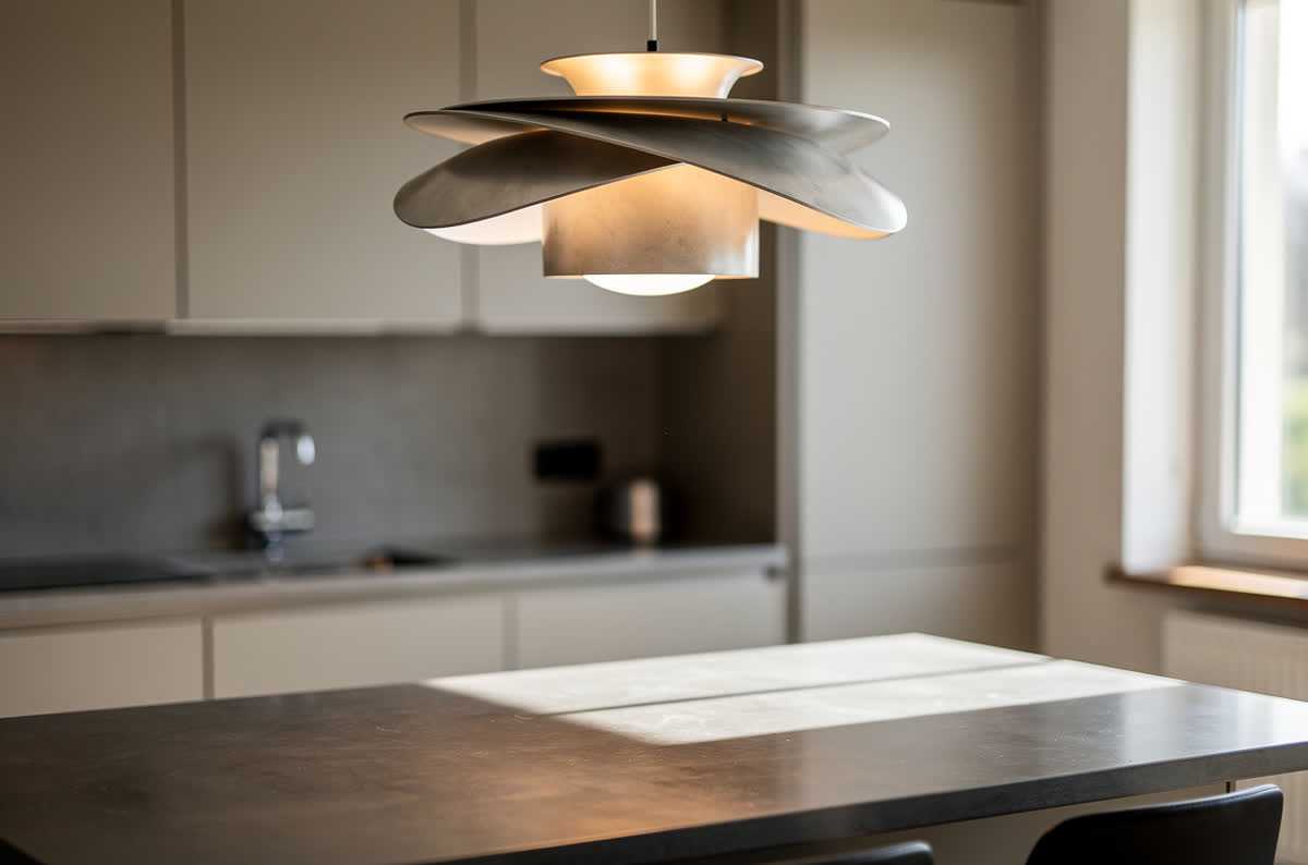Sculptural pendant light of curved overlapping shades above a kitchen island