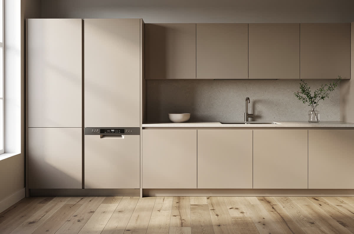 Kitchen run where the refrigerator and dishwasher sit behind matching cabinet panels