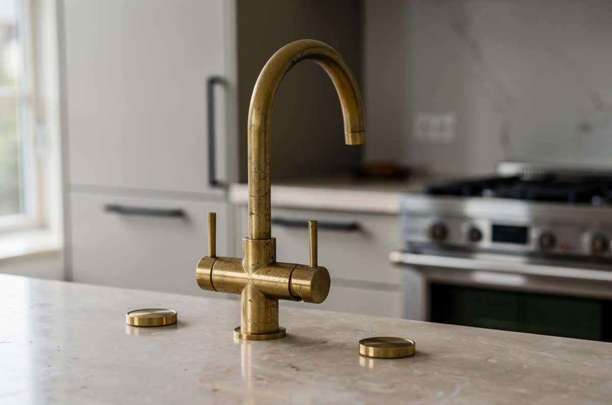 Brass faucet, matte black cabinet pulls and a stainless range used together in one kitchen
