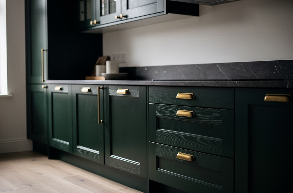 Kitchen with deep forest green cabinets, charcoal counters and brass hardware