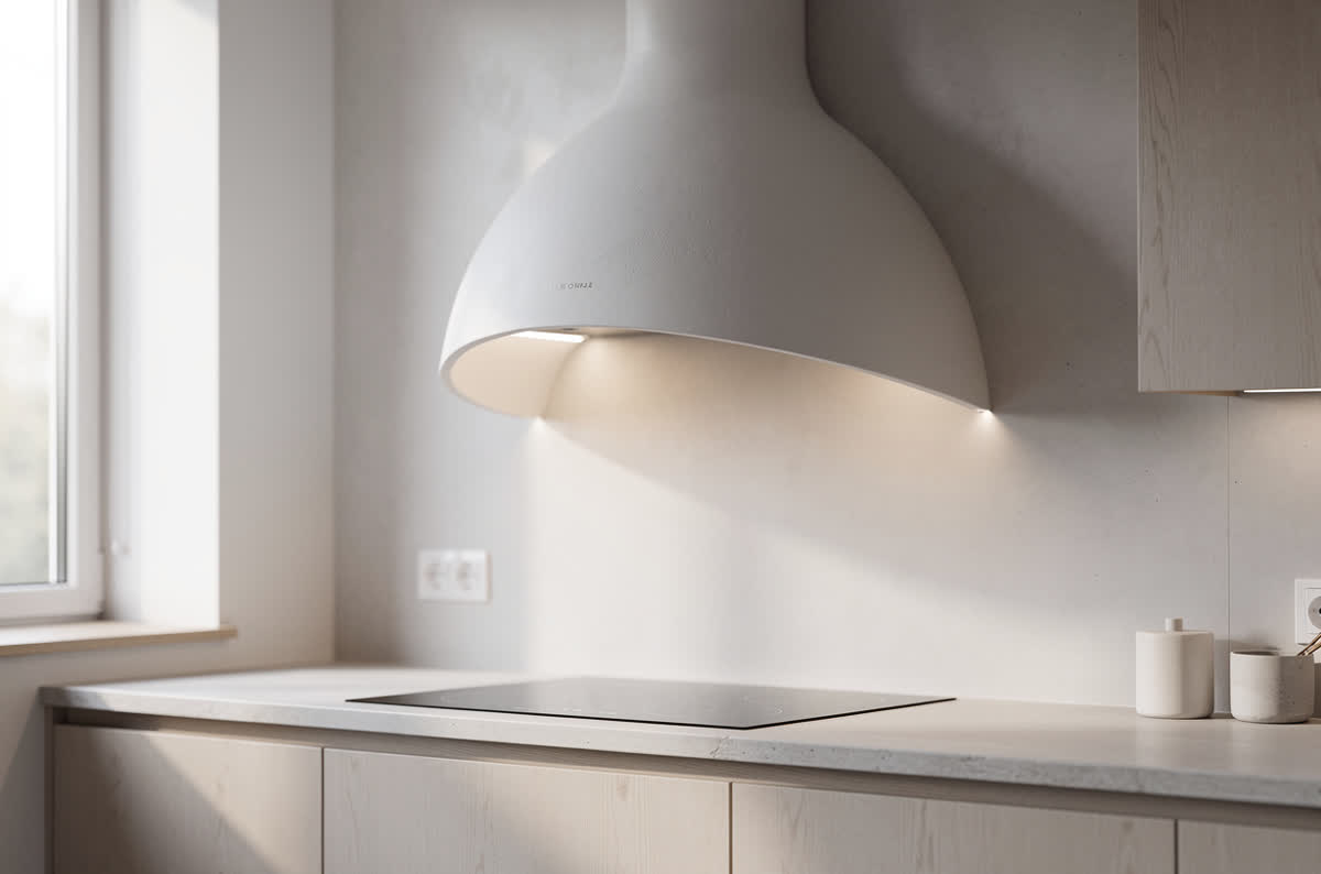 Sculptural curved plaster range hood with integrated lighting beneath it