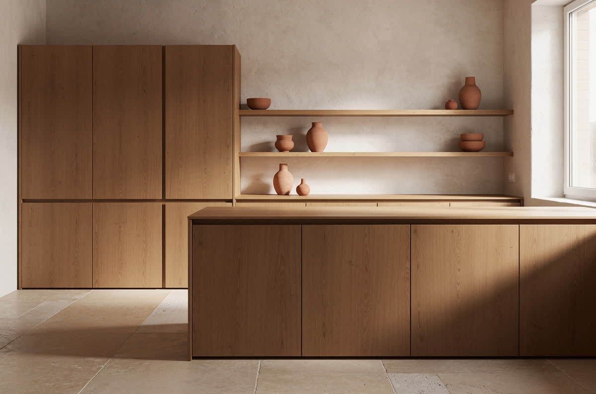 Warm minimalist kitchen with oak cabinet fronts, textured plaster walls and clear counters