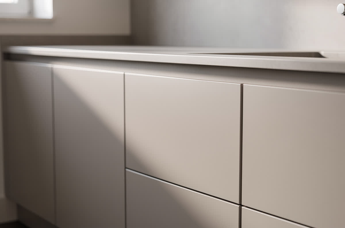 Handleless kitchen cabinets with a recessed finger pull along the top edge