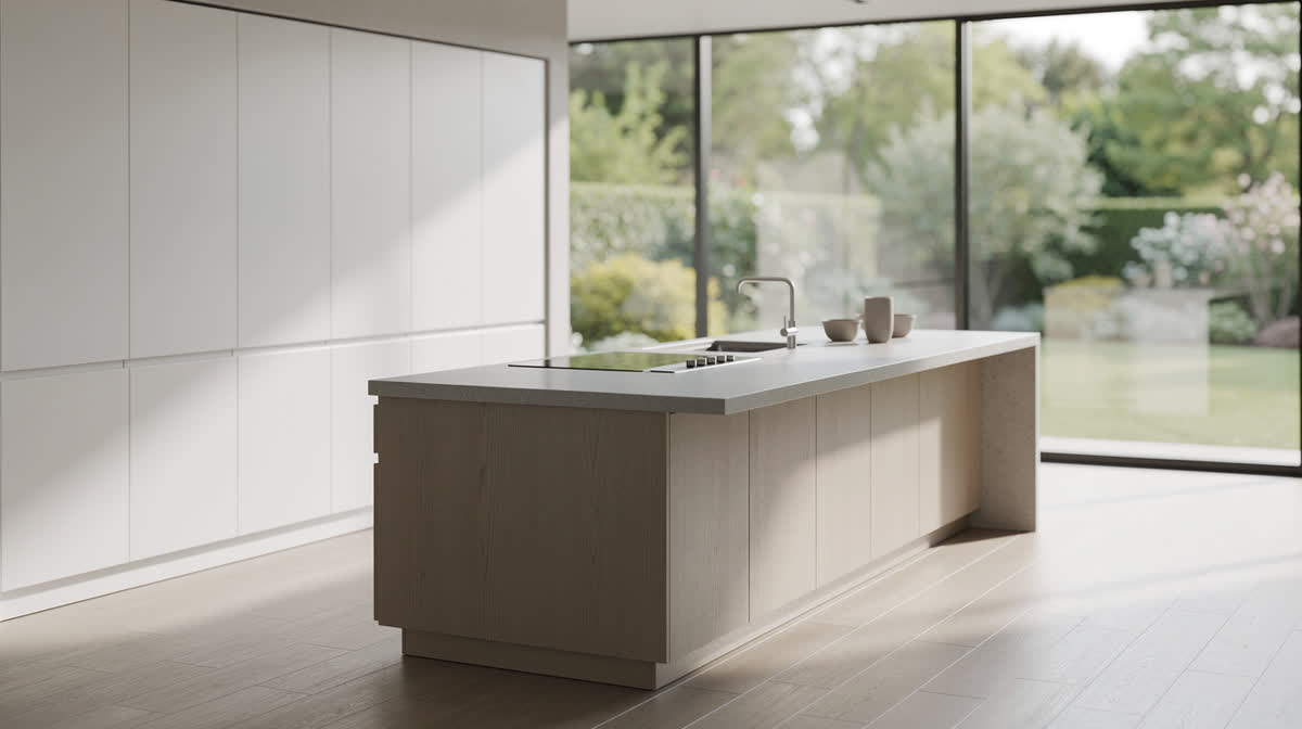 Modern kitchen with handleless flat-panel cabinets, a pale stone island and integrated appliances