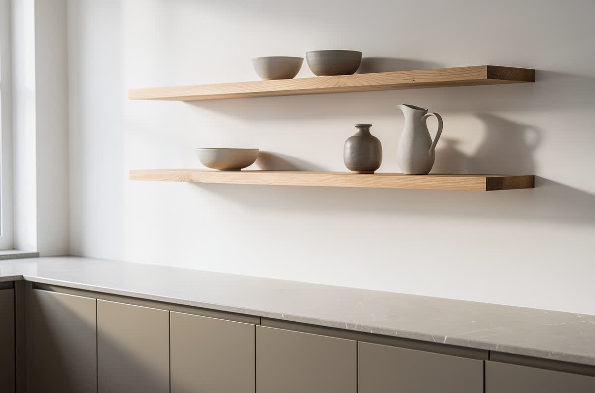 Two slim floating shelves replacing upper cabinets, holding a few ceramic pieces