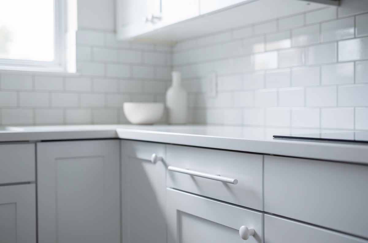 Small all-white kitchen with white shaker cabinets and white tile