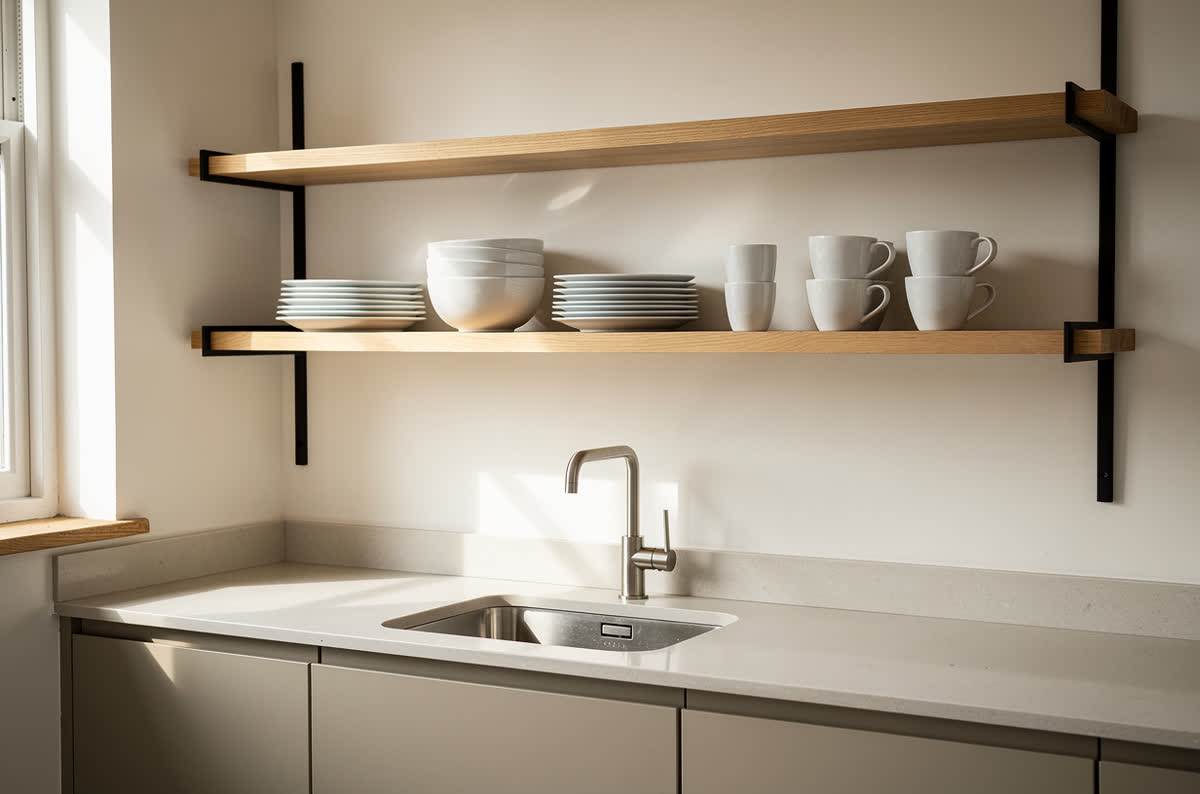 Small kitchen with two floating oak shelves on slim brackets in place of upper cabinets