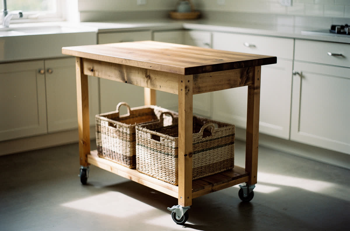 Small kitchen with a compact butcher-block island on castors and baskets on the shelf below