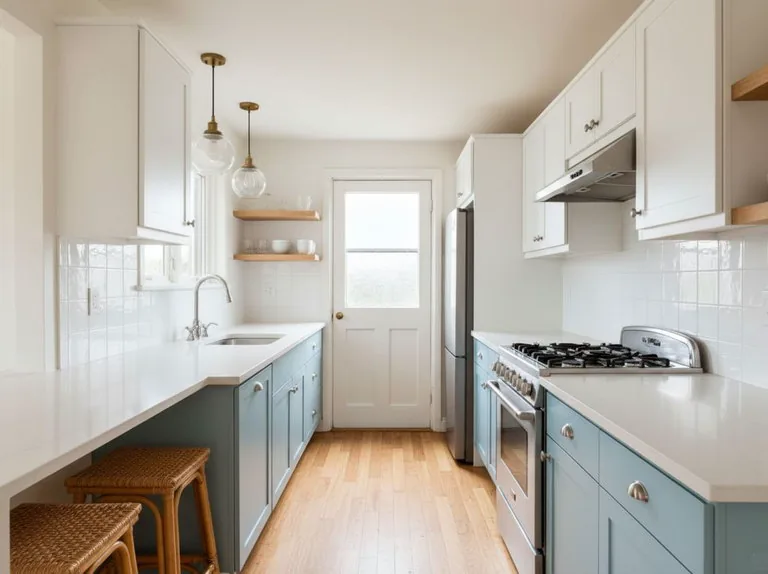 The same kitchen with white upper cabinets, pale blue base cabinets, white quartz counters, oak shelves and two glass pendants