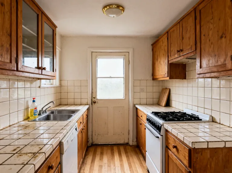 Galley kitchen with knotty pine cabinets, stained tile counters and a glazed back door at the far end