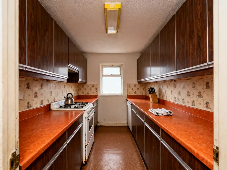Very narrow galley with dark woodgrain cabinets, orange laminate counters and patterned wallpaper on both walls