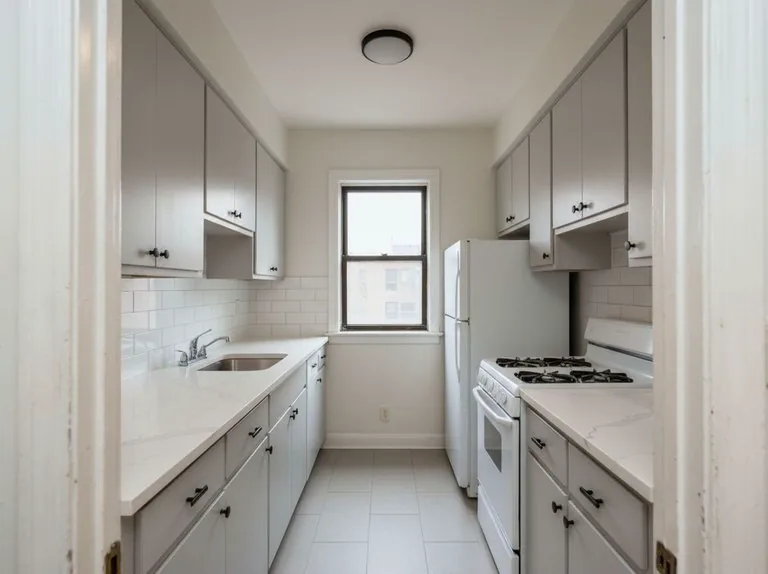 The same galley with warm gray flat-panel cabinets, white quartz counters and a white subway backsplash
