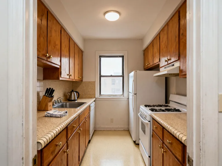 Narrow galley kitchen with honey oak cabinets on both walls, speckled laminate counters and a single ceiling dome