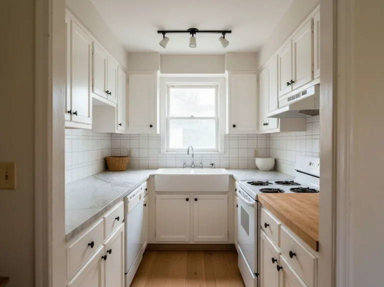 The same kitchen with white cabinets, a marble counter, an apron-front sink and oak floorboards