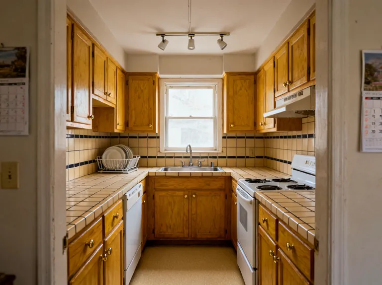 Small U-shaped kitchen in honey oak with tiled counters, a black tile border and track lighting