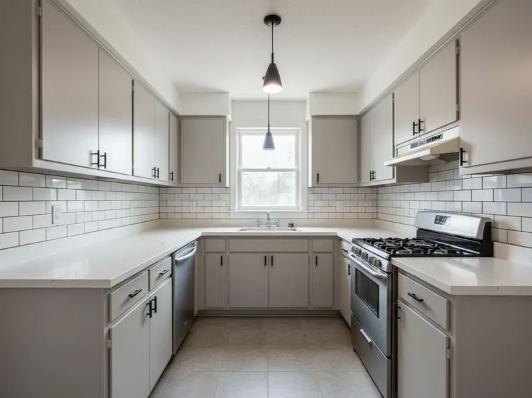 The same kitchen with light gray cabinets, white quartz counters, subway tile and a stainless range