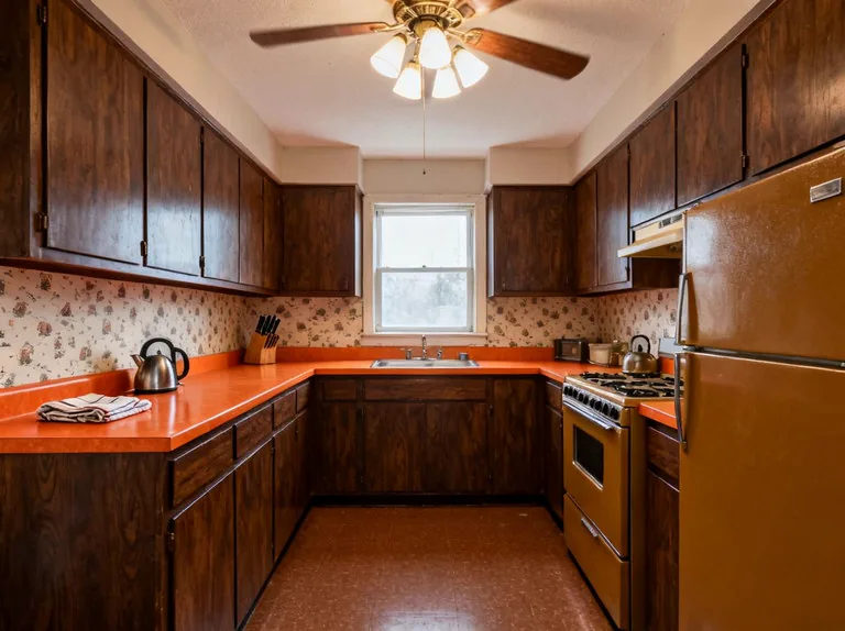 Dated U-shaped kitchen with dark wood cabinets, orange laminate counters, patterned wallpaper and a ceiling fan