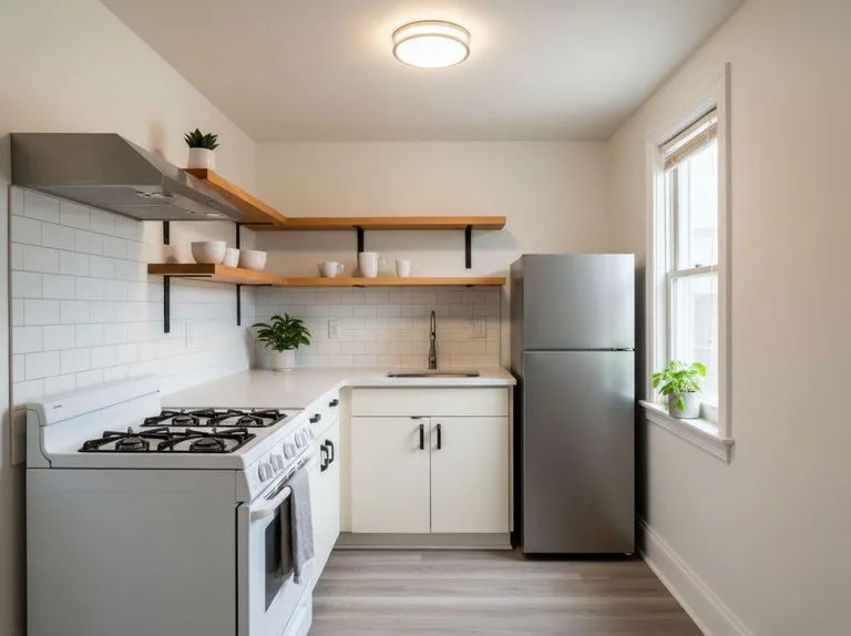 The same wall with white subway tile, two oak open shelves, a flush ceiling light and a stainless refrigerator