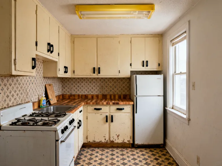 Worn cream cabinets with chipped paint, a butcher block counter, patterned wallpaper and a yellow fluorescent box light