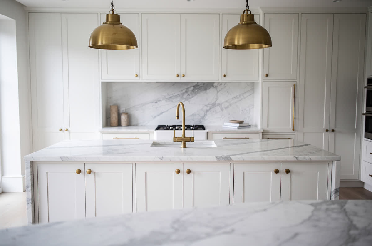 White kitchen with marble counters, brass hardware and two brass pendant lights