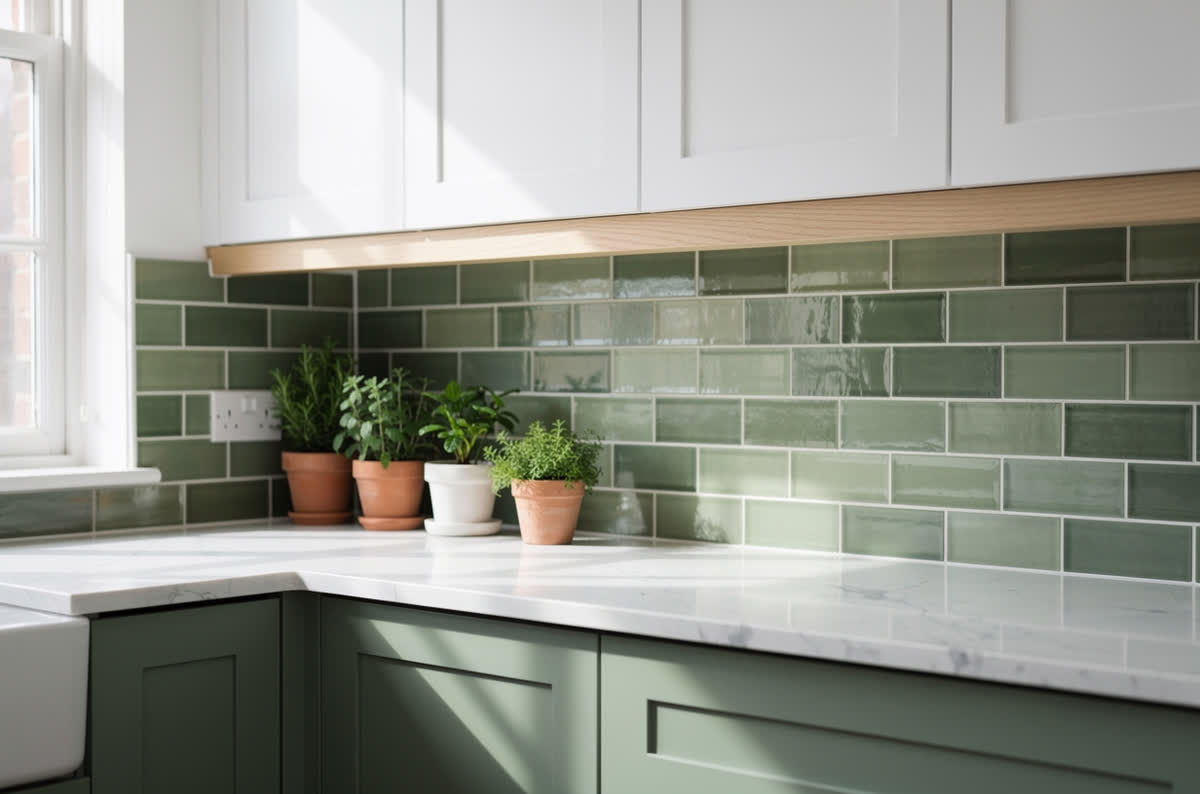 White upper cabinets above sage green base cabinets with a green tile backsplash