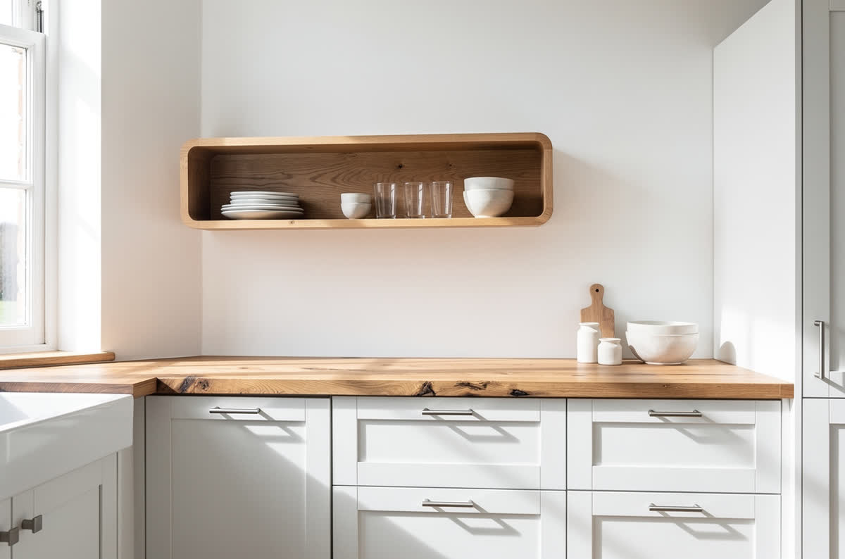 White kitchen cabinets paired with a warm butcher block countertop and an oak shelf