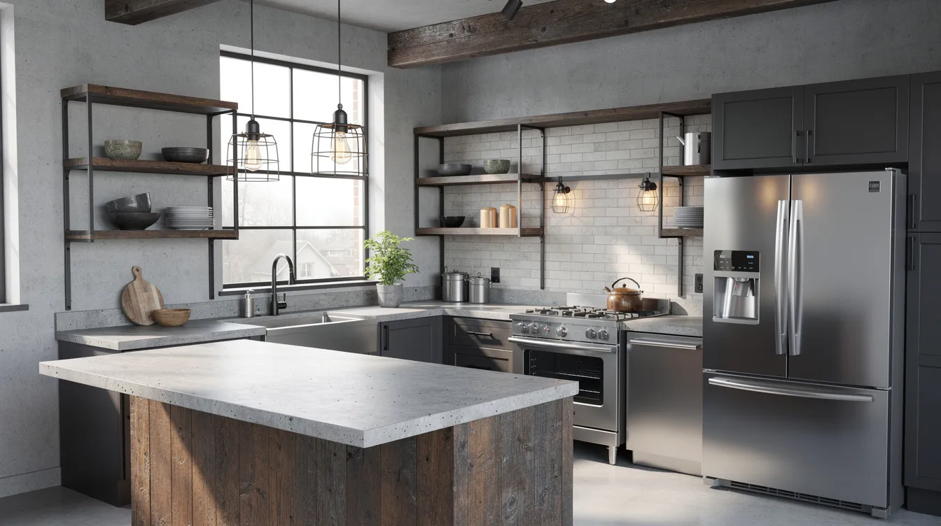 Industrial kitchen with exposed brick, metal pendant lighting and concrete countertops
