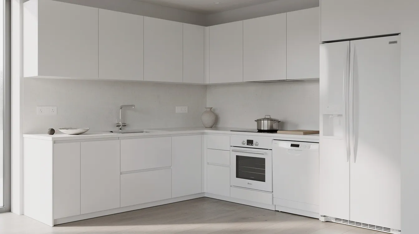 Minimalist kitchen with handleless cabinets, integrated appliances and clear countertops