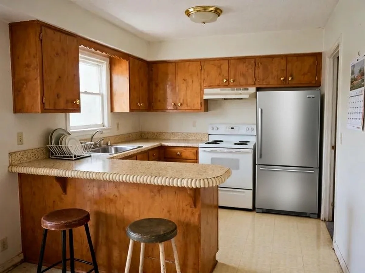 The same kitchen with the white fridge replaced by a stainless bottom-freezer fridge. The range, the cabinets, the counters and the stools are unchanged