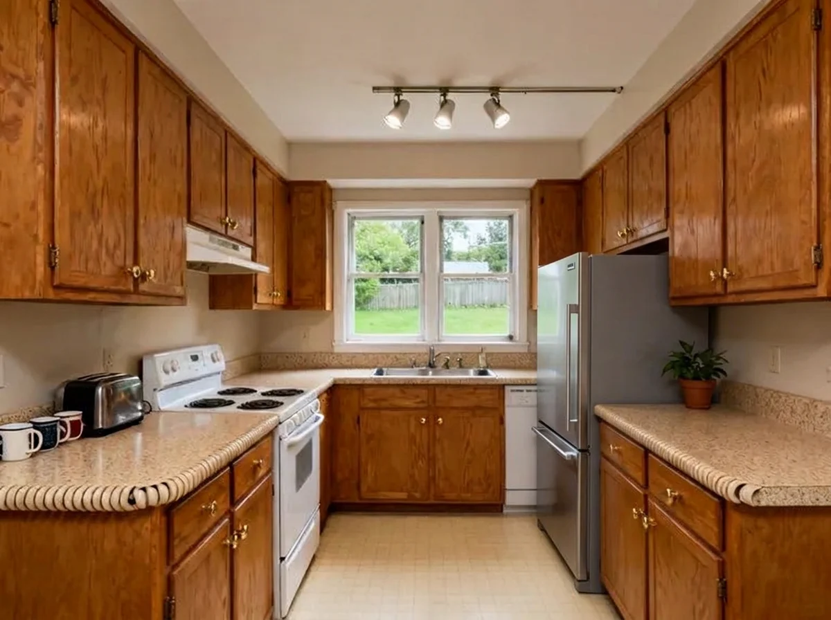 An oak kitchen with the white fridge replaced by a stainless bottom-freezer model, everything else unchanged