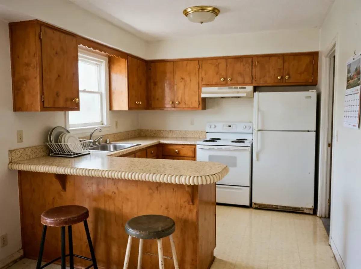 A honey oak kitchen with a white top-freezer fridge beside a white range, a peninsula and two stools