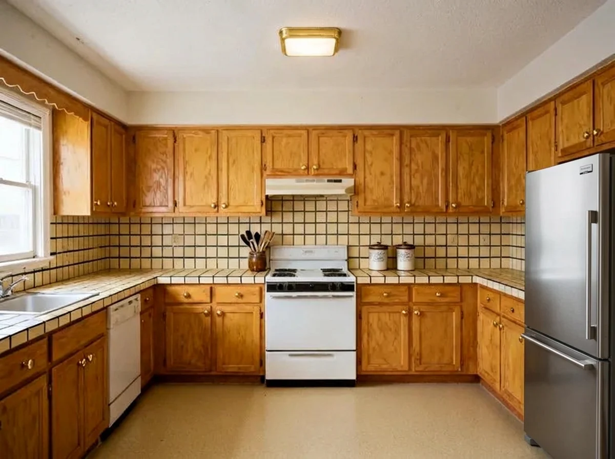 An oak U-shaped kitchen with the white fridge replaced by a stainless bottom-freezer model with a long vertical handle
