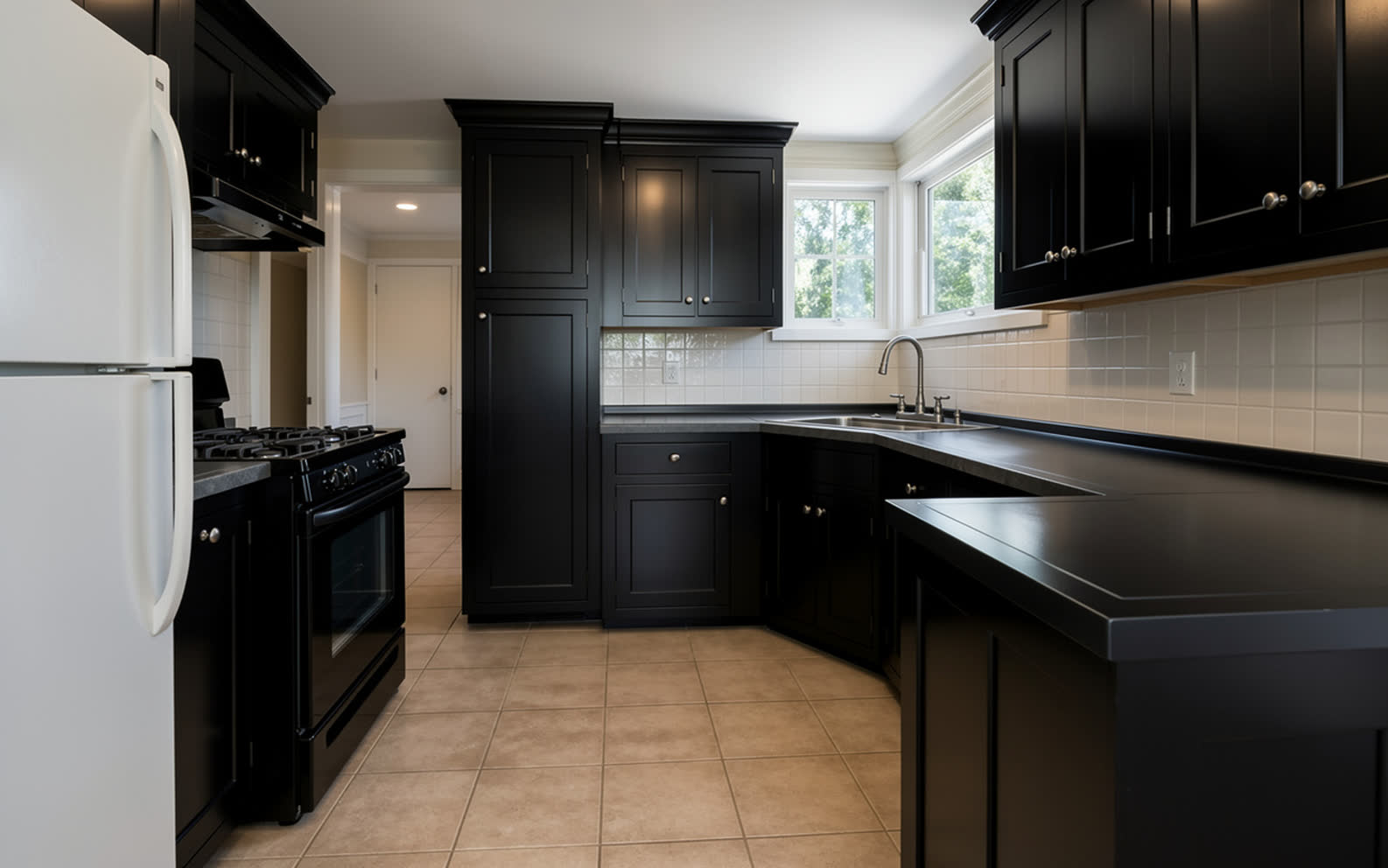 The same kitchen with every door repainted deep charcoal