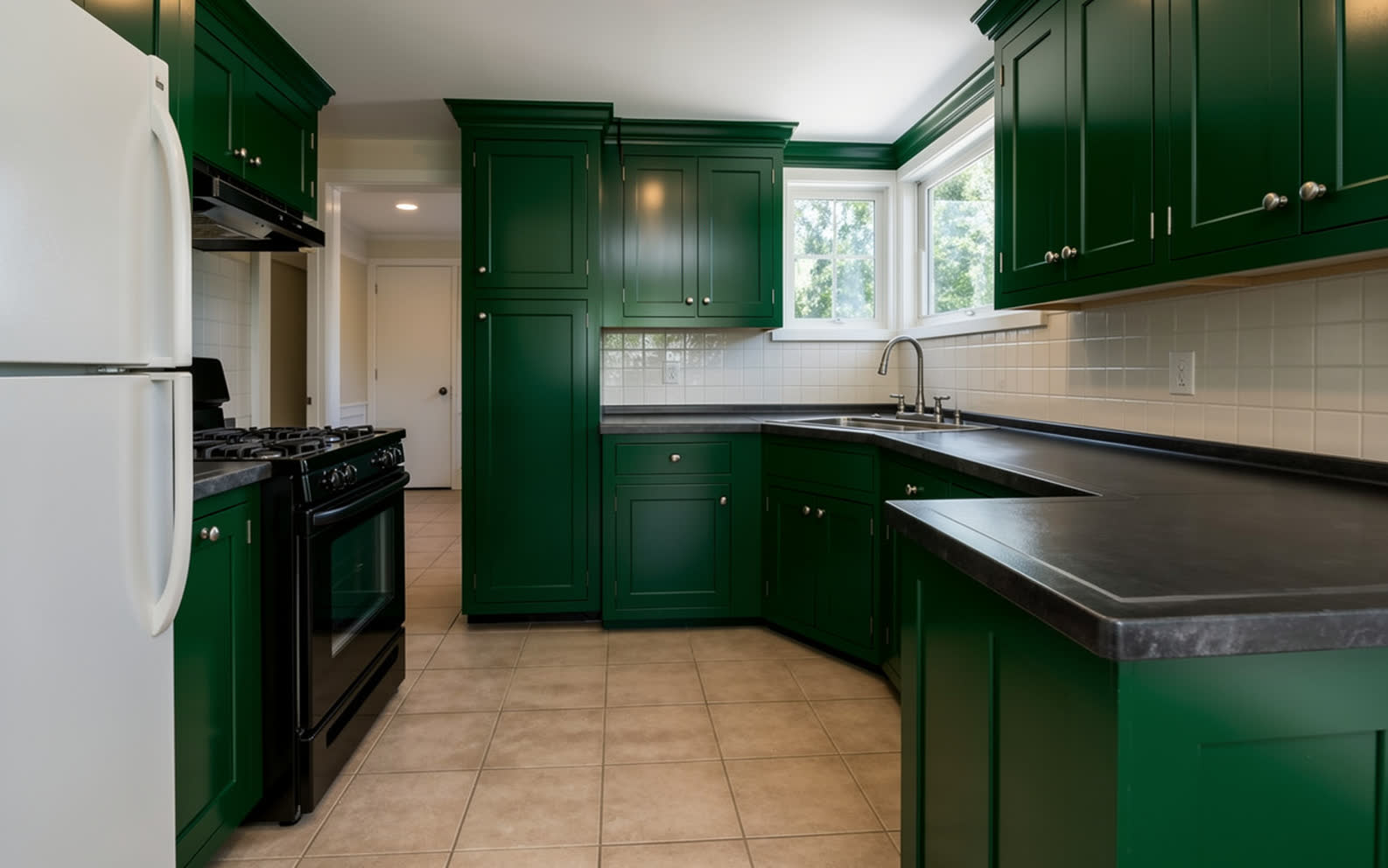 The same kitchen with every door repainted deep forest green, everything else unchanged