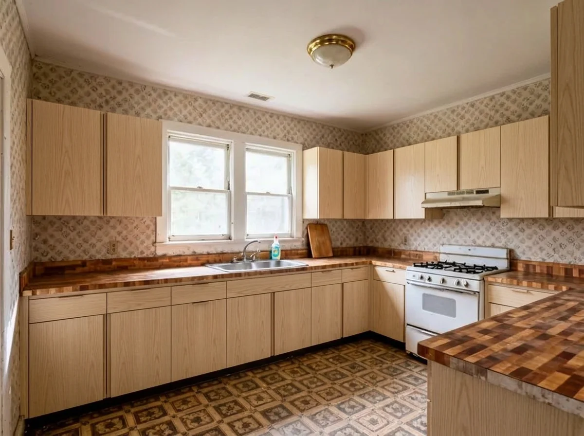 The same kitchen with light oak slab fronts on the same cabinet boxes. The butcher block counters, the wallpaper, the floor and the range are unchanged