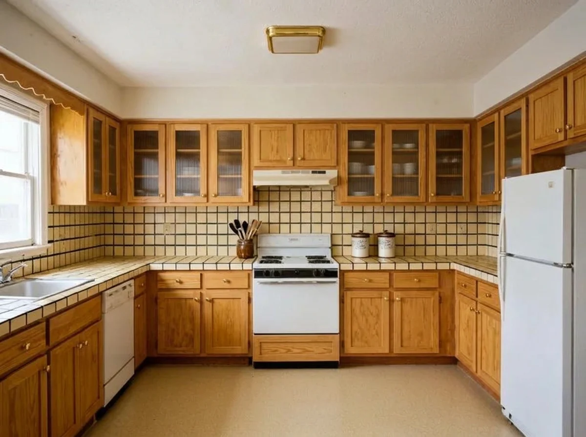 An oak kitchen with fluted glass fronts fitted to the wall cabinets, the oak stain and the base cabinets unchanged