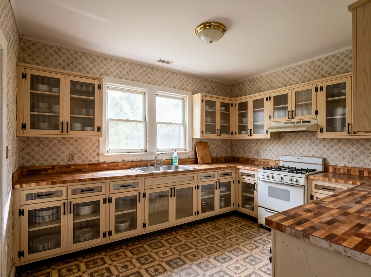 The same kitchen with fluted glass fronts on every door, showing the dishes stacked behind them