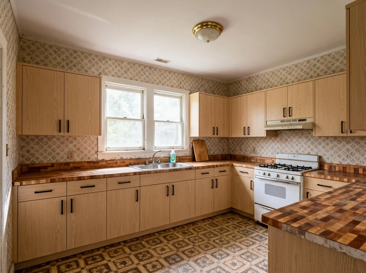 The same kitchen with light oak shaker fronts and black bar handles on the same cabinet boxes
