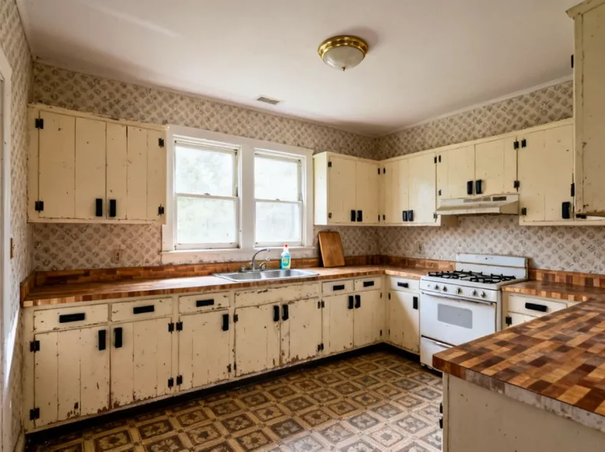 A U-shaped kitchen with chipped cream painted doors, black knobs and hinges, butcher block counters and patterned vinyl flooring